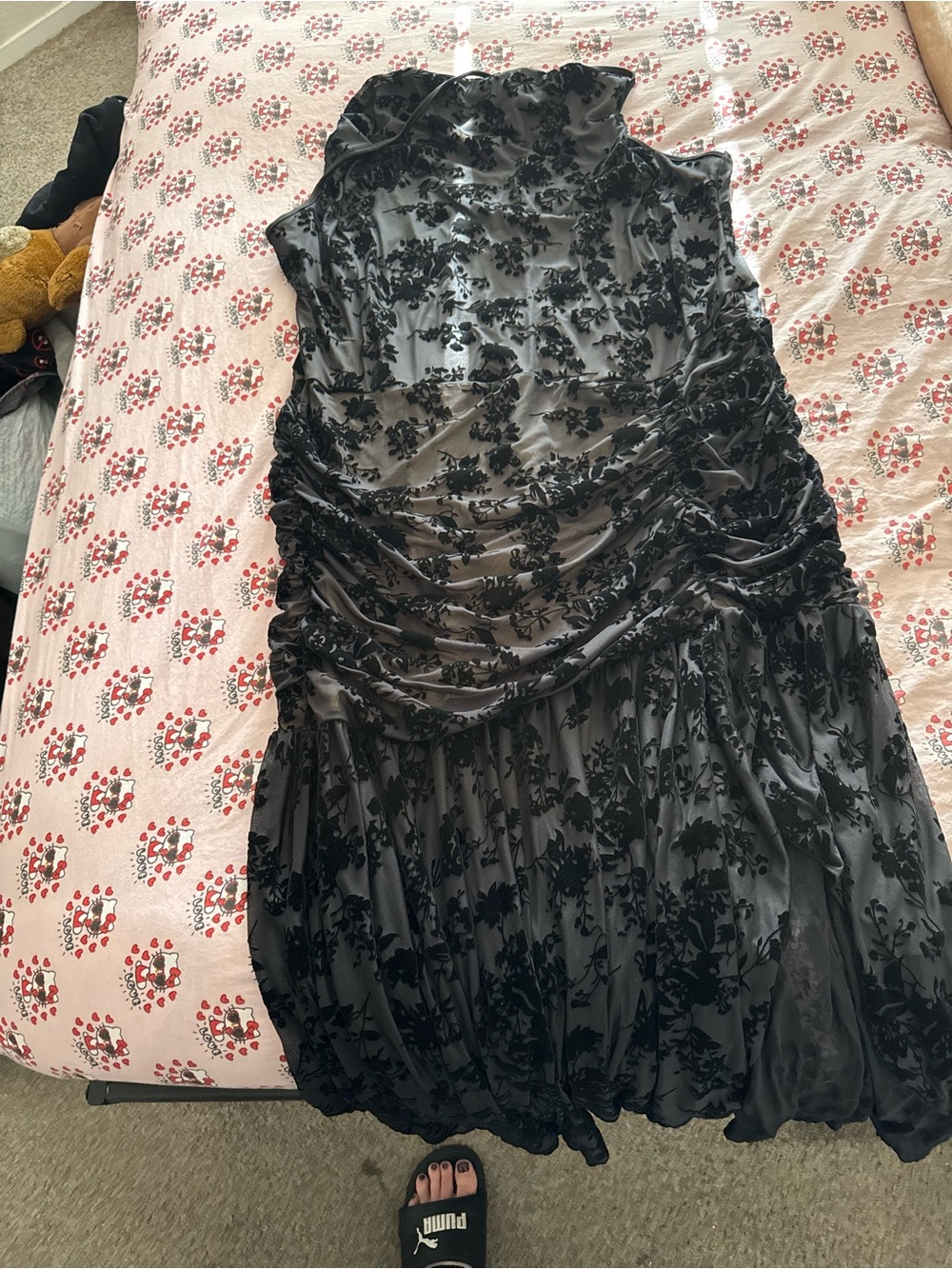 SHEIN Black Floral Burnout Ruched Midi Dress